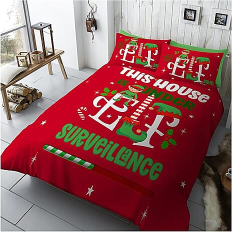 Elf Surveillance Print Christmas Bedding Set - Duvet Cover - 1 x Pillow Cases (137 x 200 cm) - Multicolour