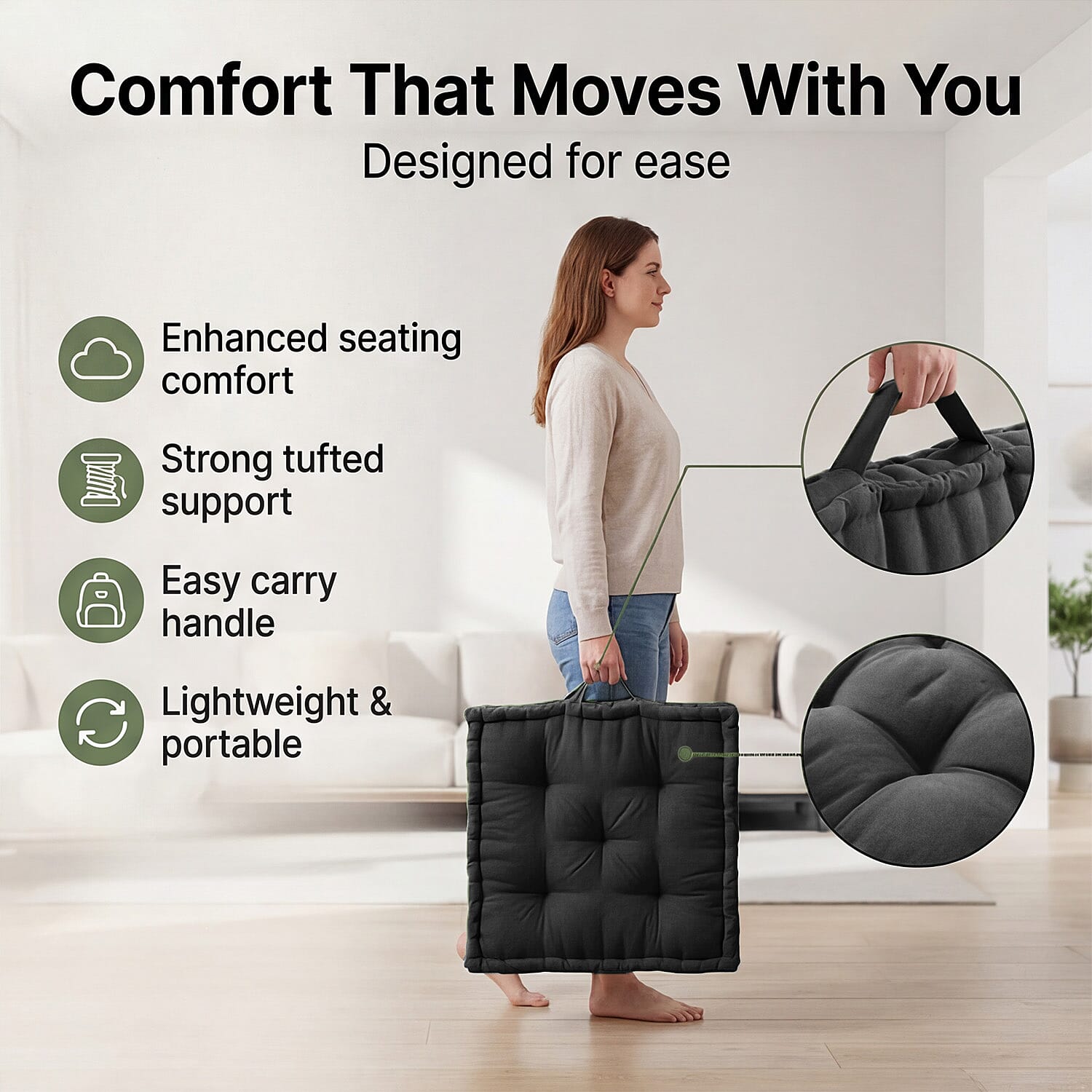 Hush Heven Set of 2 100% Cotton Floor Cushions (40 x 40 x 8cm) - Black