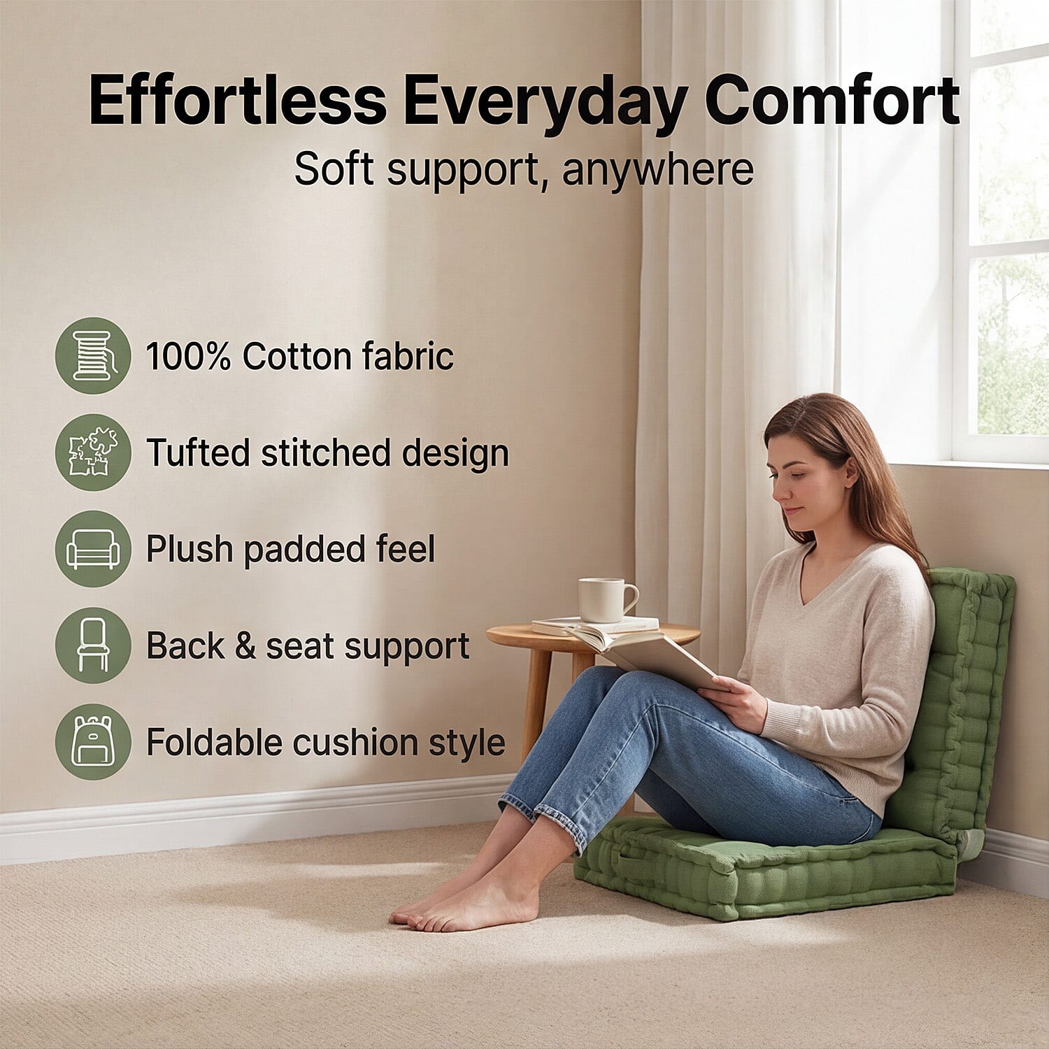 Hush Heven Set of 2 100% Cotton Floor Cushions (40 x 40 x 8cm) - Green
