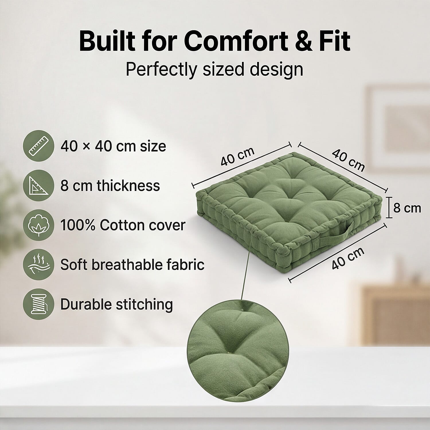 Hush Heven Set of 2 100% Cotton Floor Cushions (40 x 40 x 8cm) - Green
