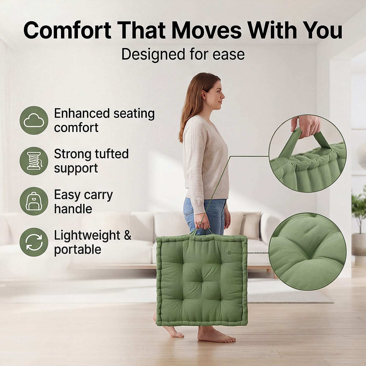 Hush Heven Set of 2 100% Cotton Floor Cushions (40 x 40 x 8cm) - Green