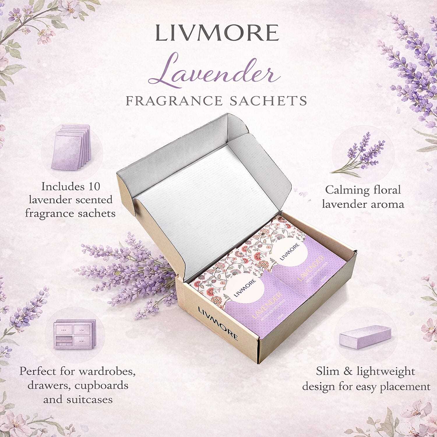 Livmore 10-Pack Lavender Fragrance Scented Sachets - 20g