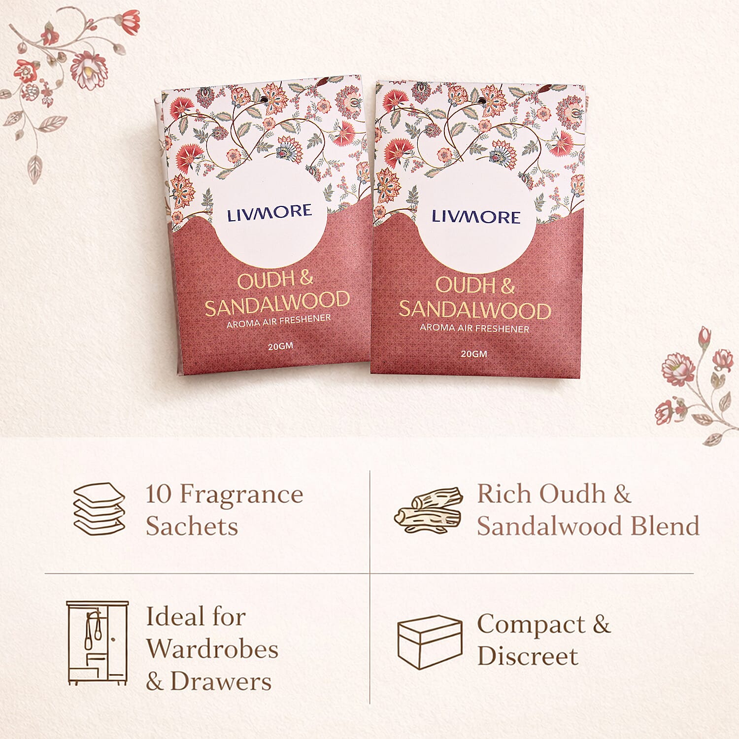 Livmore 10-Pack Oudh & Sandalwood Aroma Fragrance Scented Sachets - 20g