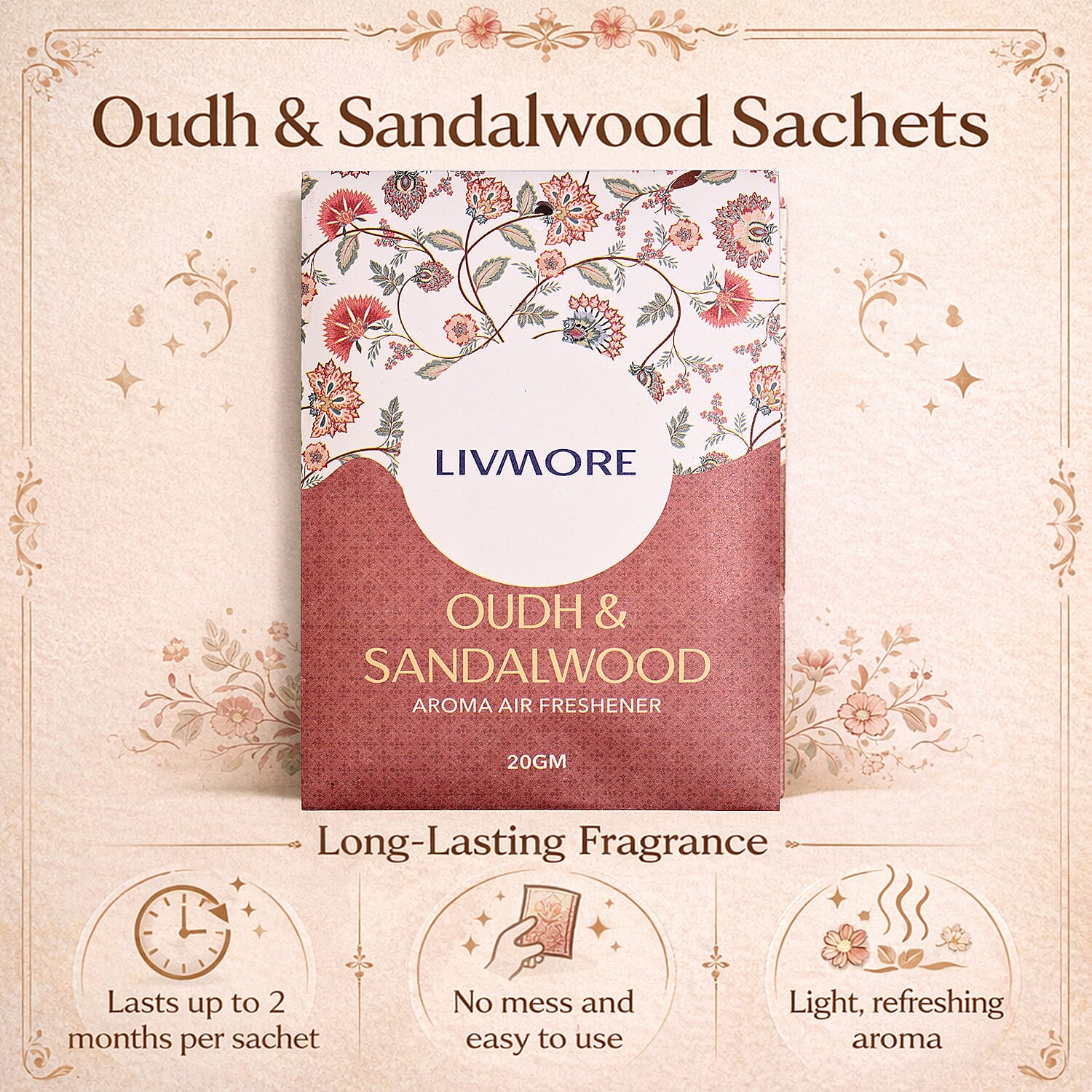 Livmore 10-Pack Oudh & Sandalwood Aroma Fragrance Scented Sachets - 20g