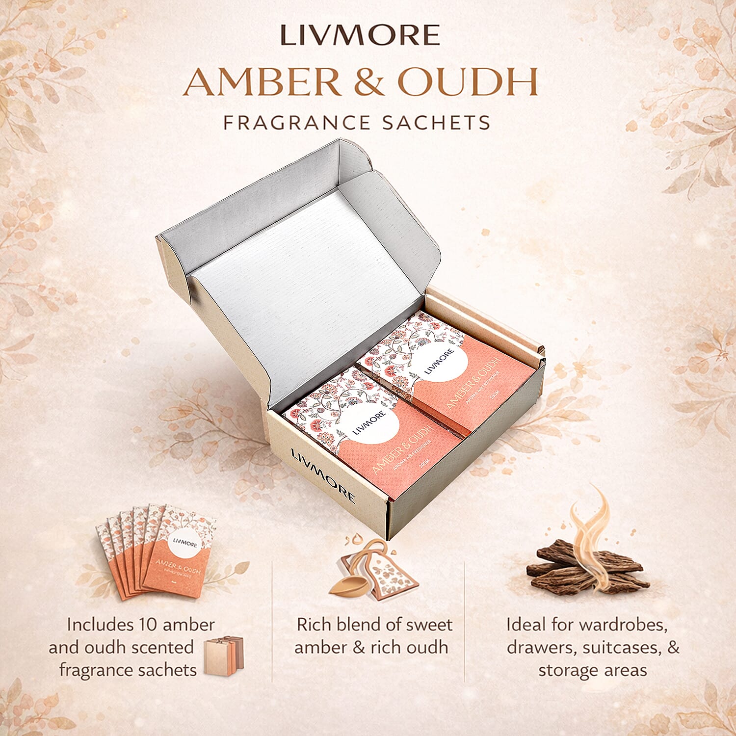 Livmore 10-Pack Amber & Oudh Fragrance Scented Sachets - 20g