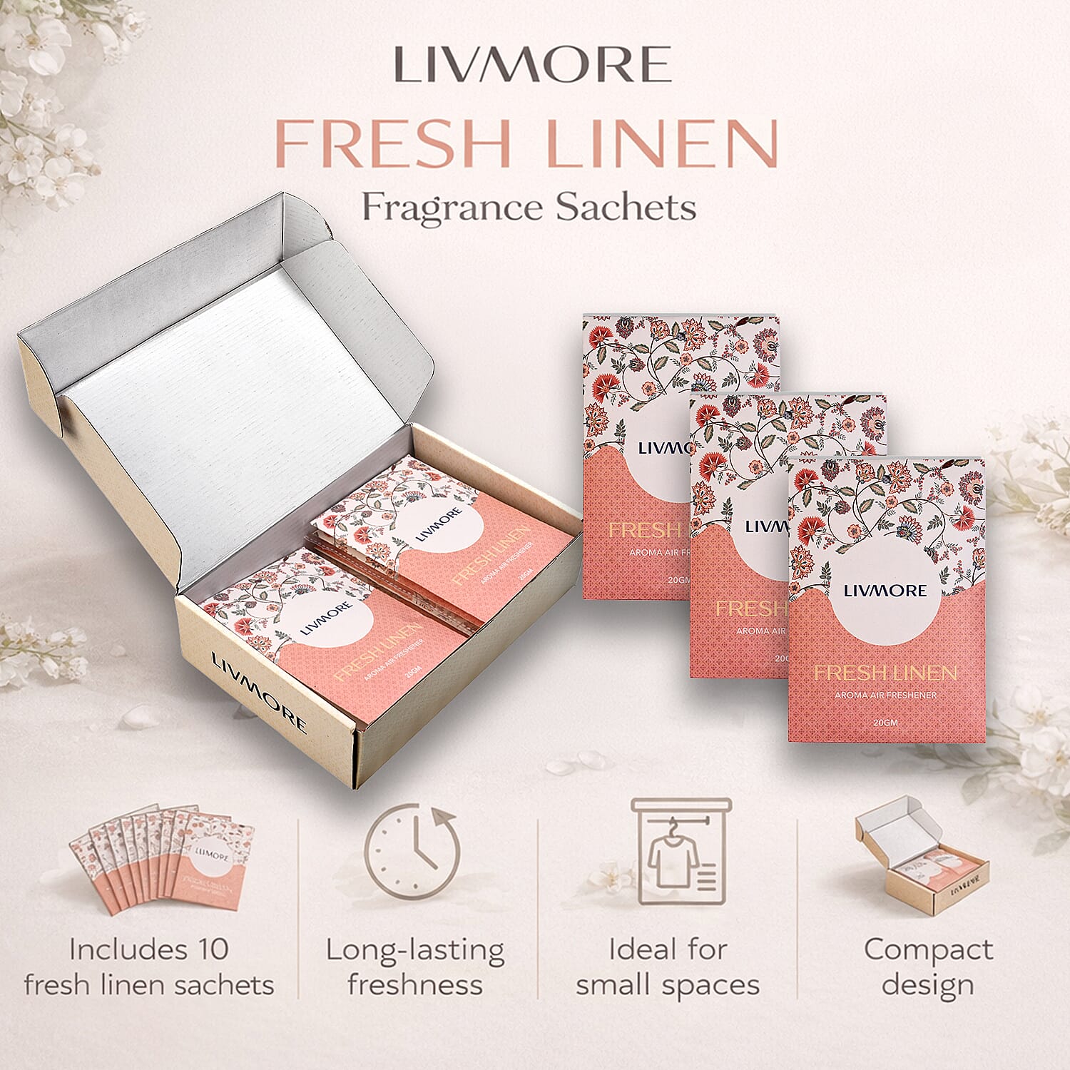 Livmore 10-Pack Fresh Linen Scented Fragrance Sachets - 20g
