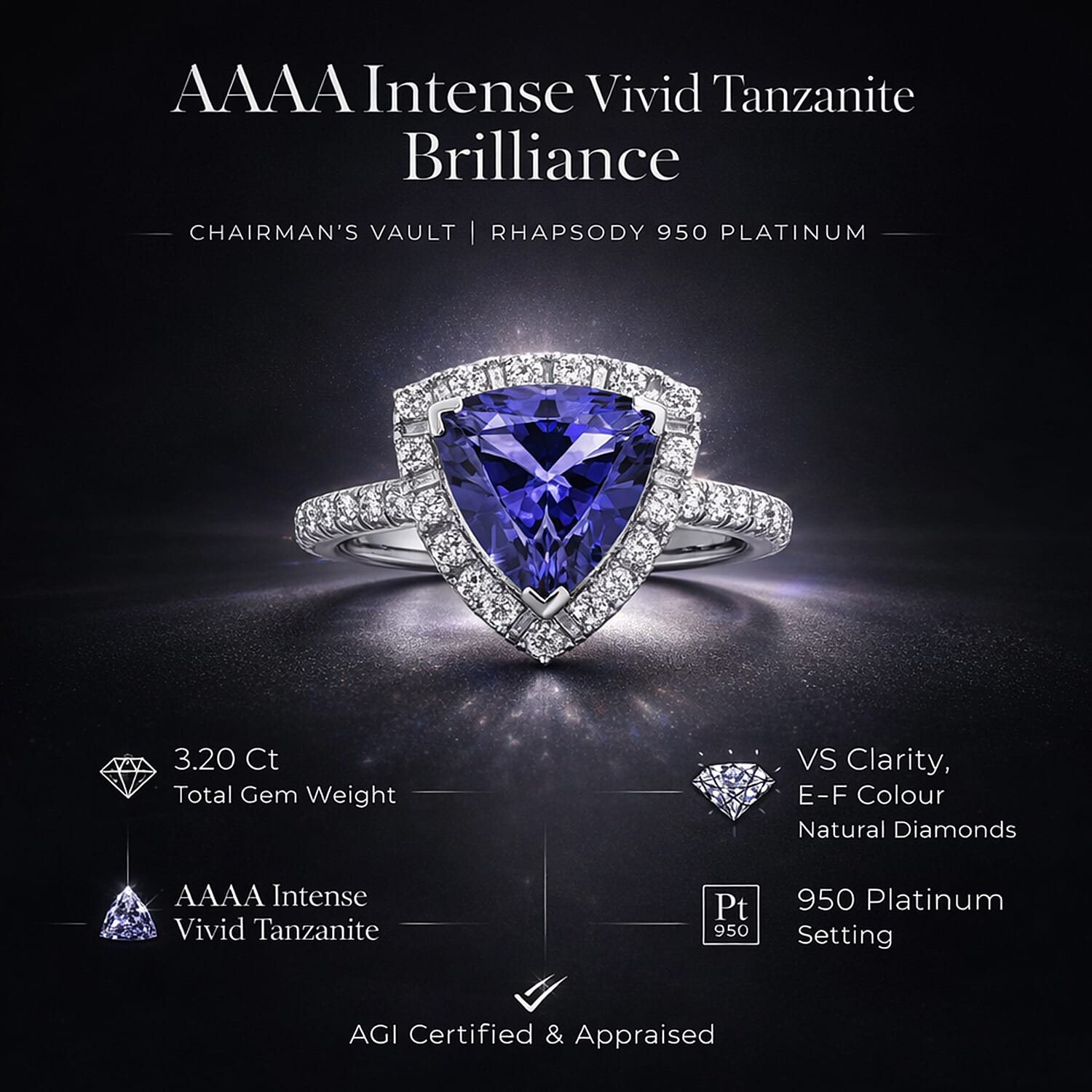 Rhapsody 950 Platinum AGI Certified AAAA Intense Vivid Tanzanite & (VS-E-F) Natural Diamond Solitaire Ring 3.20 Ct.