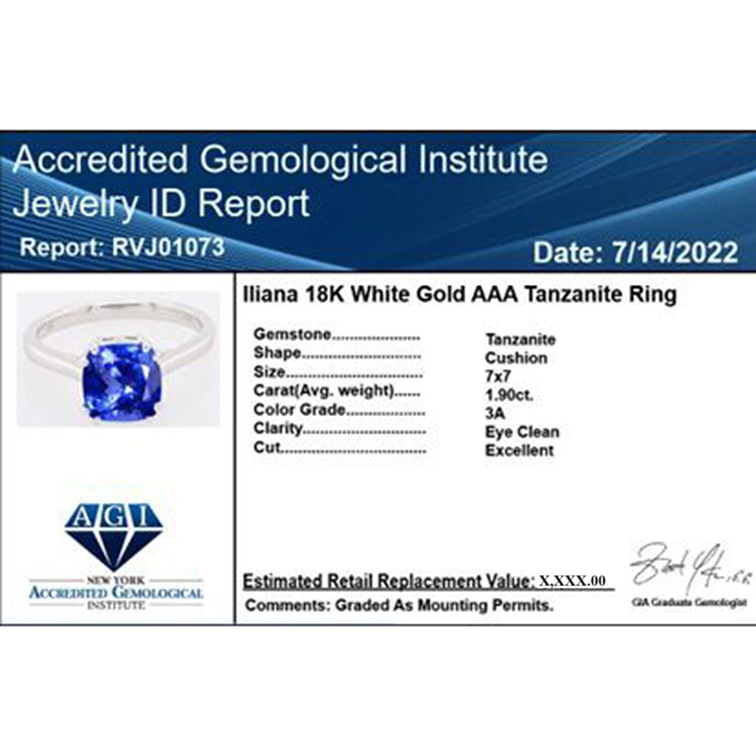 Iliana 18K W Gold AAA Tanzanite Ring, Gold Wt.3.02 Gms  1.900  Ct.