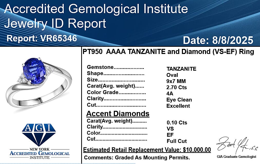 950 Platinum AAAA Tanzanite White Diamond VS-EF Solitaire Ring, Platinum Wt.6.07 Gms  2.802  Ct.