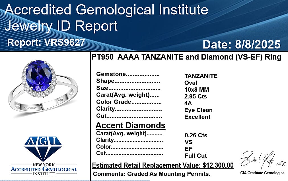 950 Platinum AAAA Tanzanite White Diamond EF, VS Solitaire Ring, Platinum Wt.1.27 Gms  3.190  Ct.