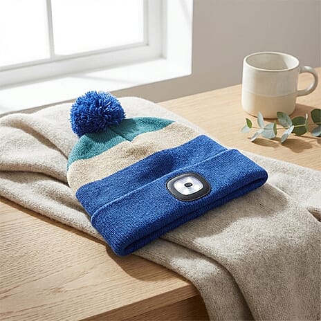 Heat Machine USB LED Block Stripe Bobble Hat with Rechargeable Light (One Size) - Blue