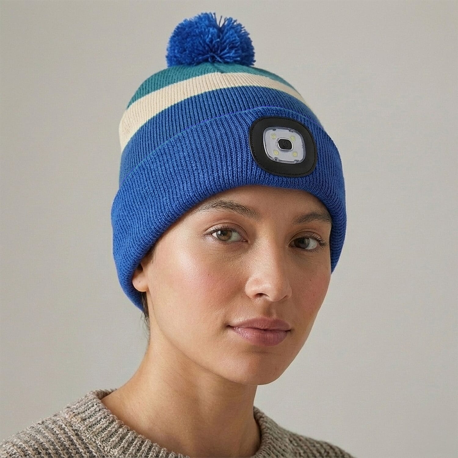 Heat Machine USB LED Block Stripe Bobble Hat with Rechargeable Light (One Size) - Blue