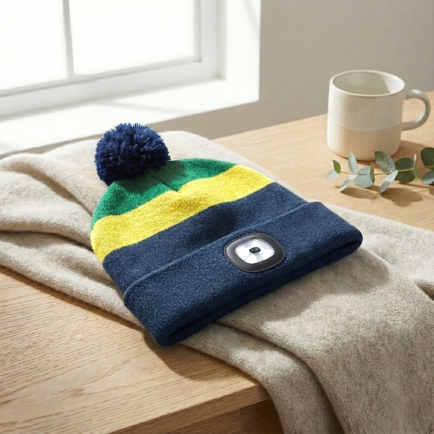 Heat Machine USB LED Block Stripe Bobble Hat with Rechargeable Light (One Size) - Navy