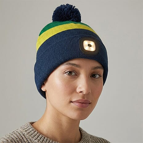 Heat Machine USB LED Block Stripe Bobble Hat with Rechargeable Light (One Size) - Navy