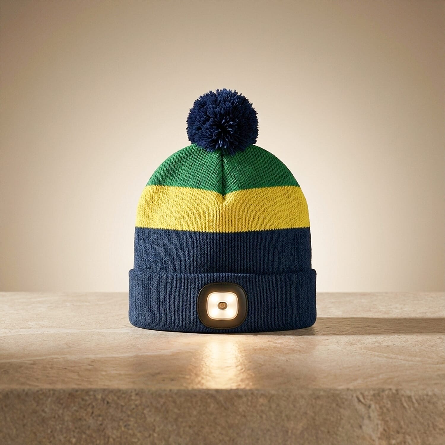 Heat Machine USB LED Block Stripe Bobble Hat with Rechargeable Light (One Size) - Navy