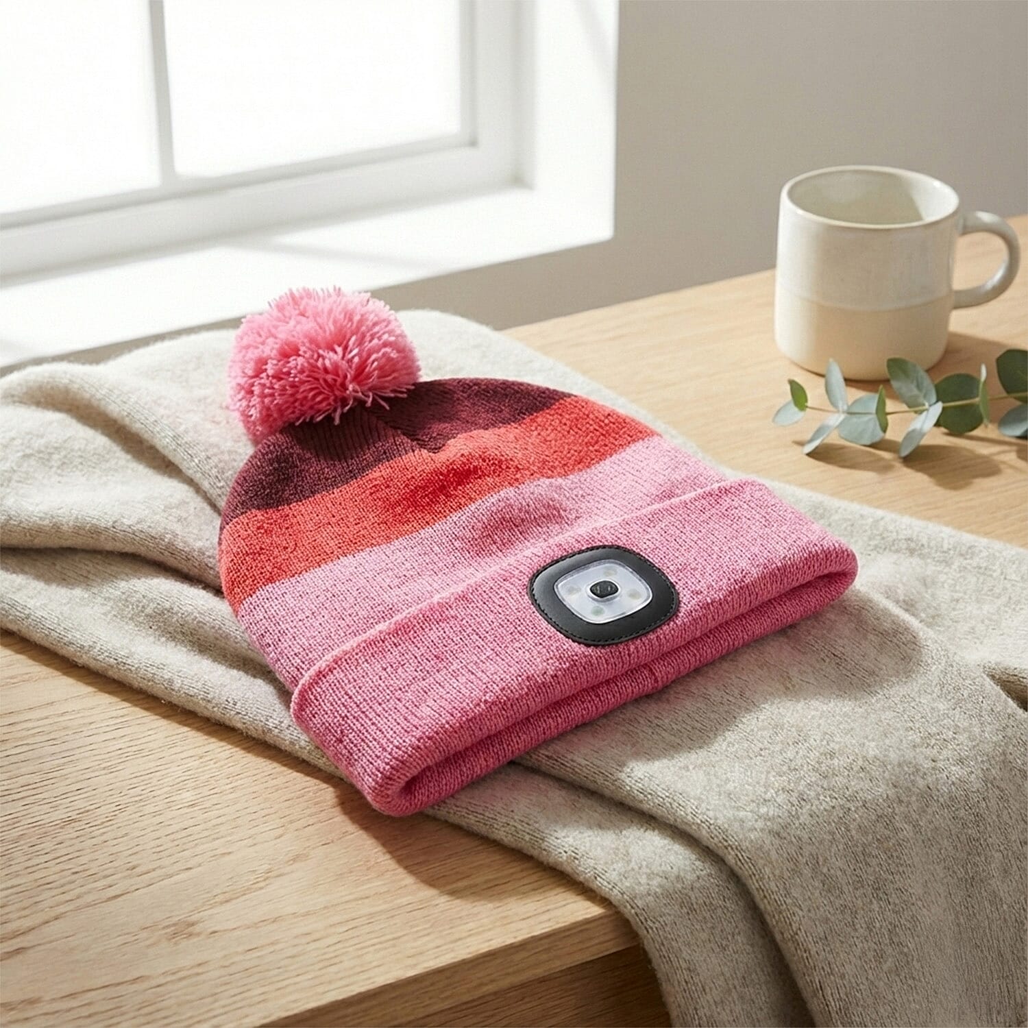 Heat Machine USB LED Block Stripe Bobble Hat with Rechargeable Light (One Size) - Pink
