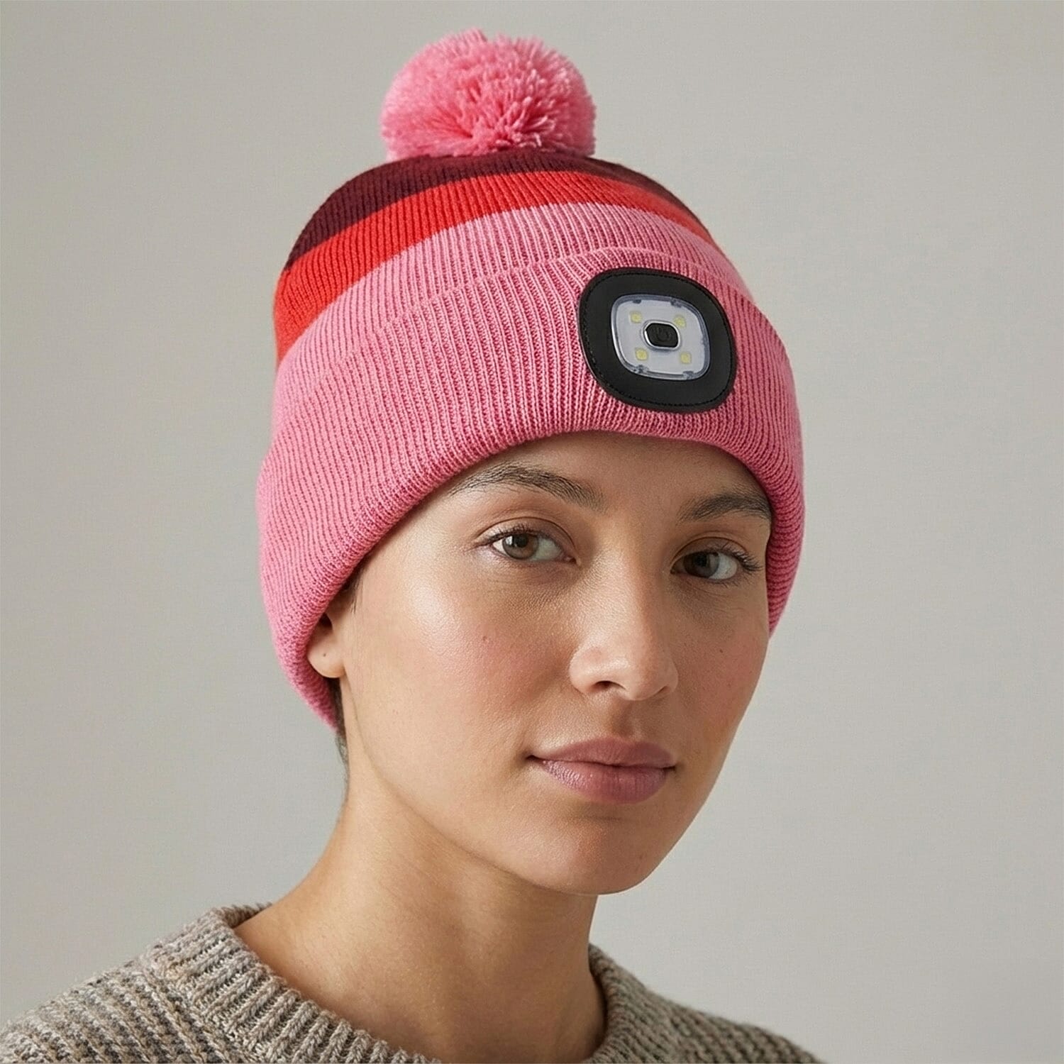 Heat Machine USB LED Block Stripe Bobble Hat with Rechargeable Light (One Size) - Pink