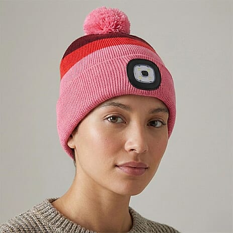 Heat Machine USB LED Block Stripe Bobble Hat with Rechargeable Light (One Size) - Pink