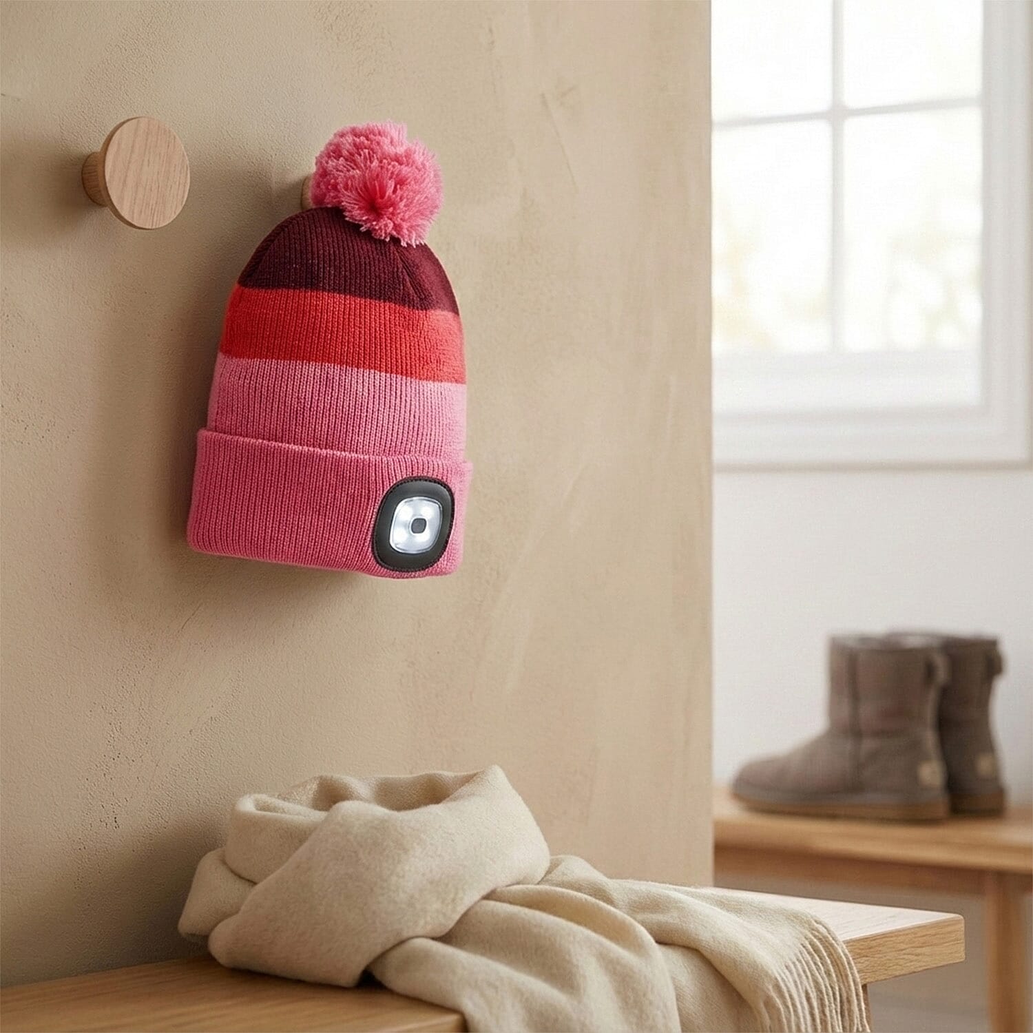 Heat Machine USB LED Block Stripe Bobble Hat with Rechargeable Light (One Size) - Pink