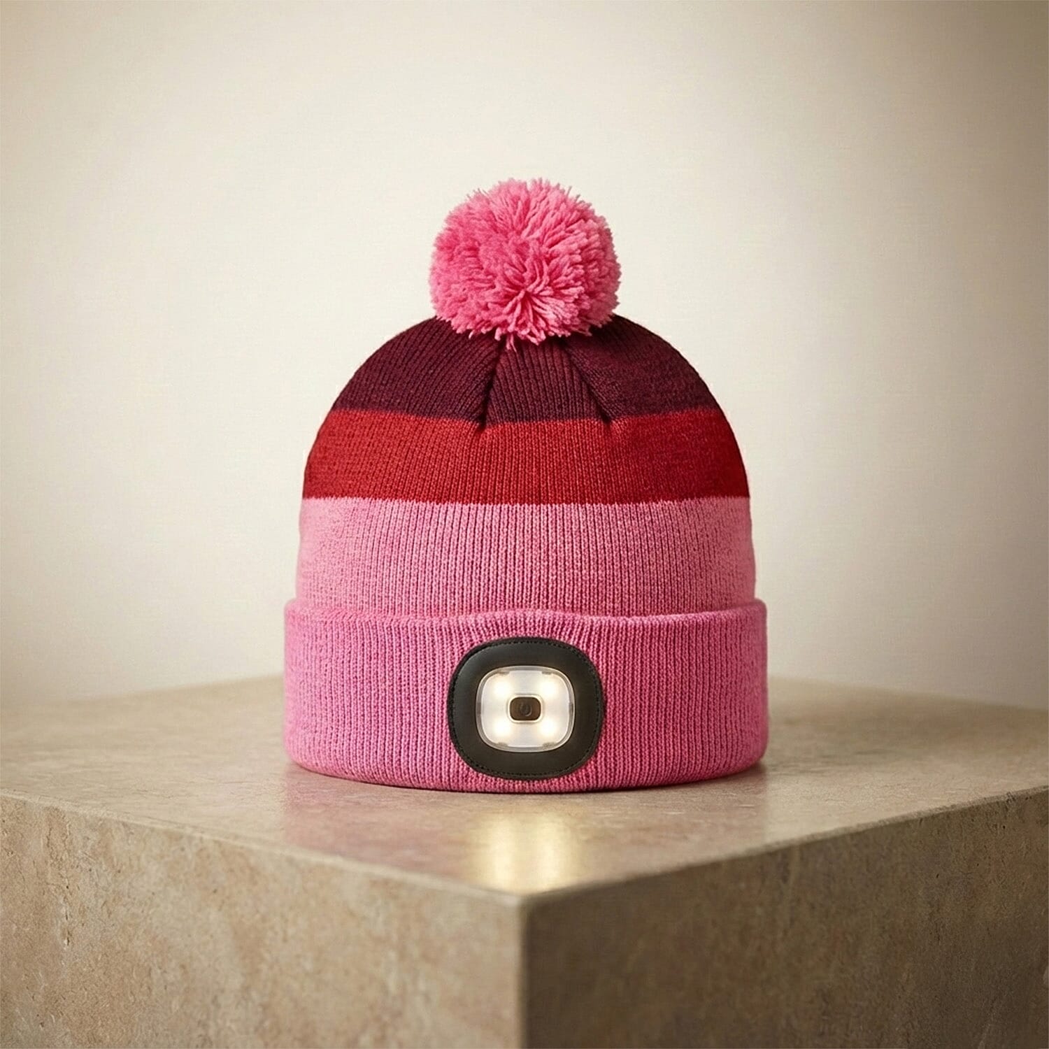 Heat Machine USB LED Block Stripe Bobble Hat with Rechargeable Light (One Size) - Pink