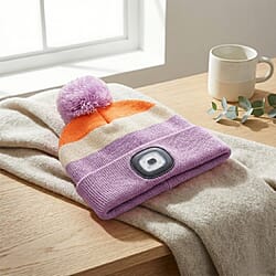 Heat Machine USB LED Block Stripe Bobble Hat with Rechargeable Light (One Size) - Pink