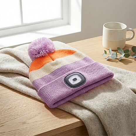 Heat Machine USB LED Block Stripe Bobble Hat with Rechargeable Light (One Size) - Lilac