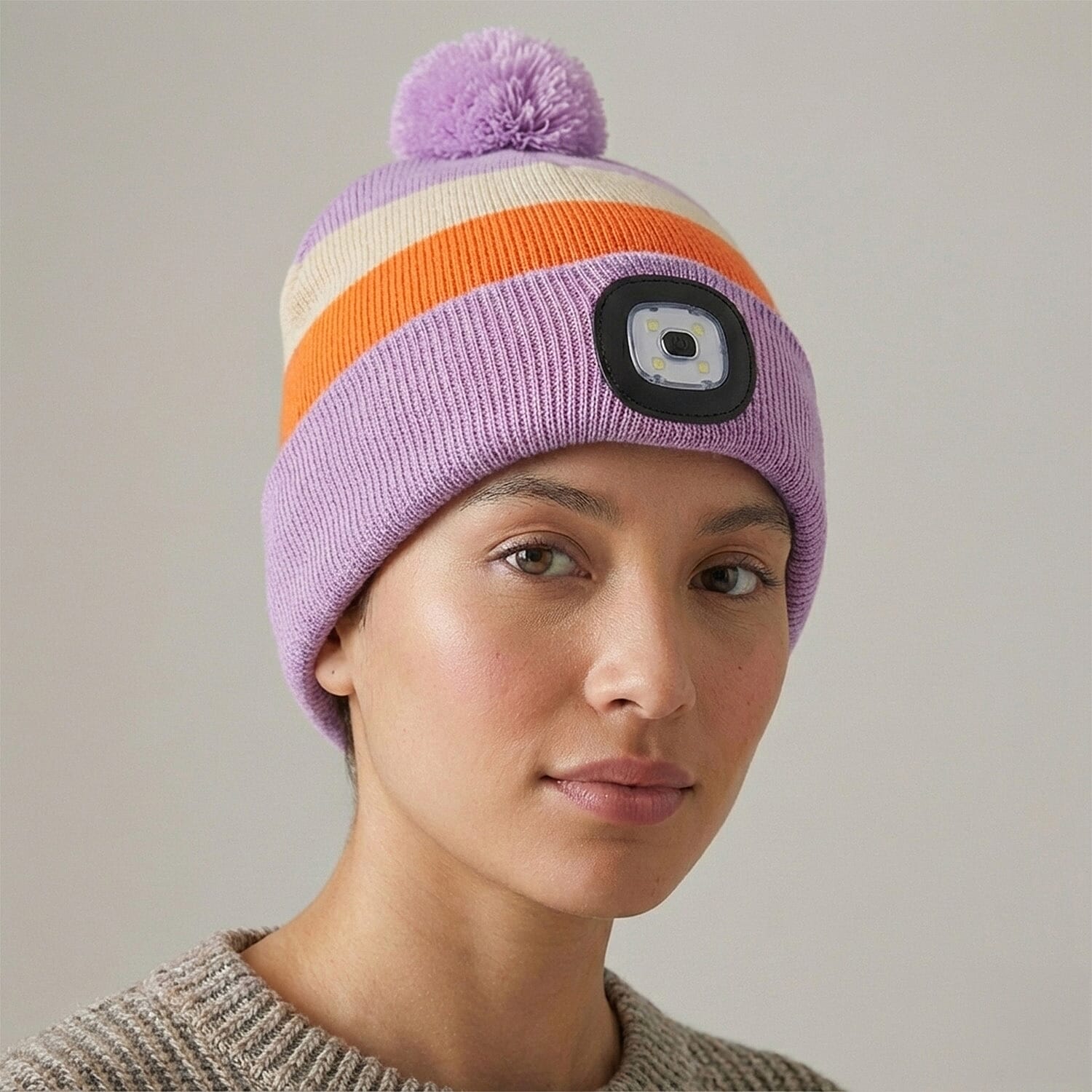 Heat Machine USB LED Block Stripe Bobble Hat with Rechargeable Light (One Size) - Lilac