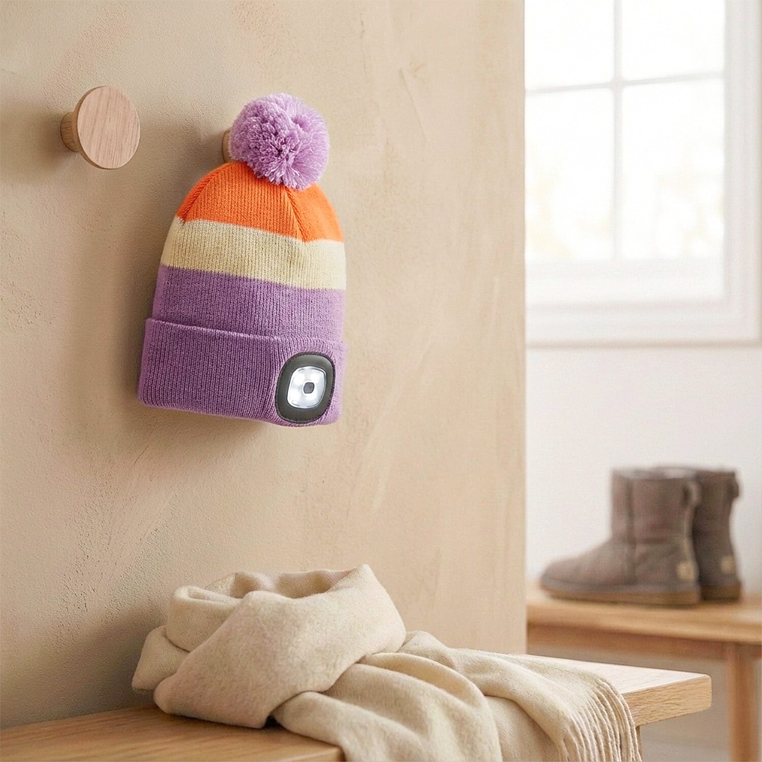 Heat Machine USB LED Block Stripe Bobble Hat with Rechargeable Light (One Size) - Lilac