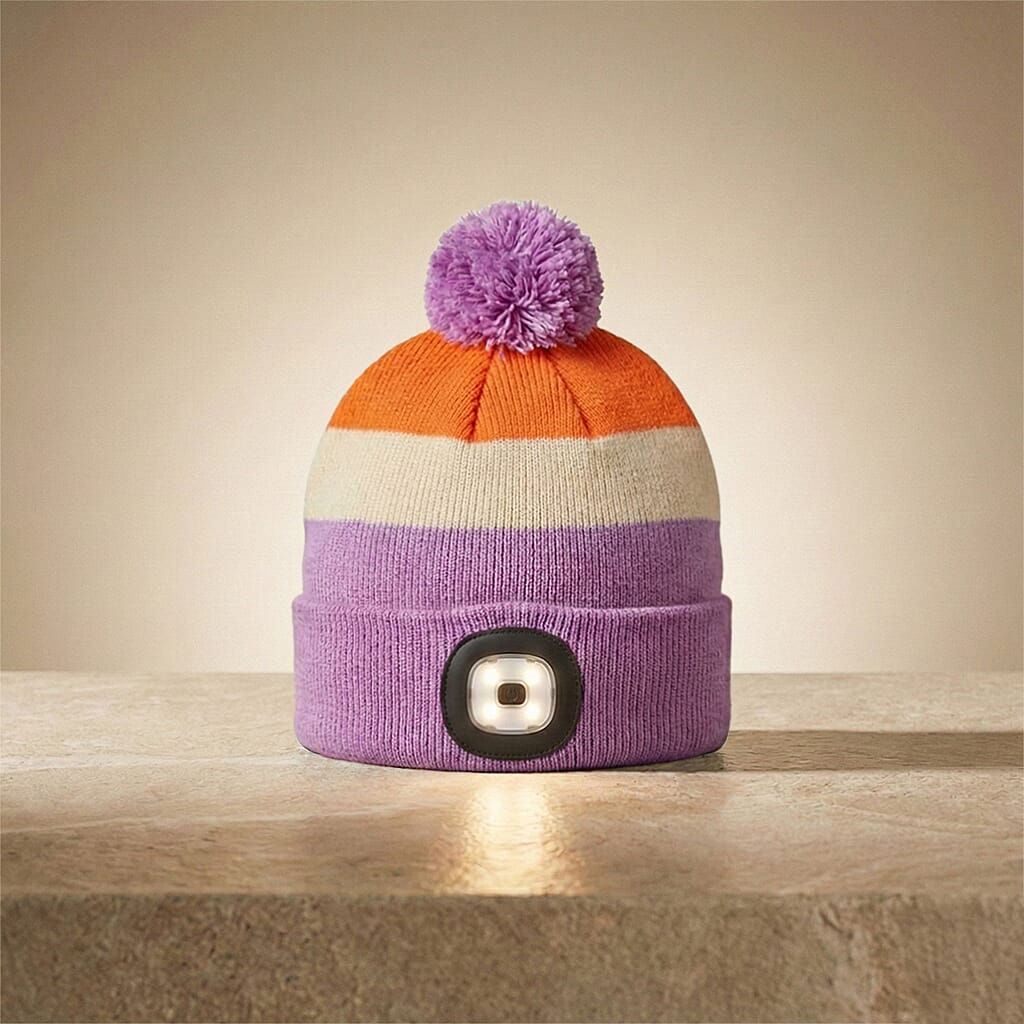 Heat Machine USB LED Block Stripe Bobble Hat with Rechargeable Light (One Size) - Lilac