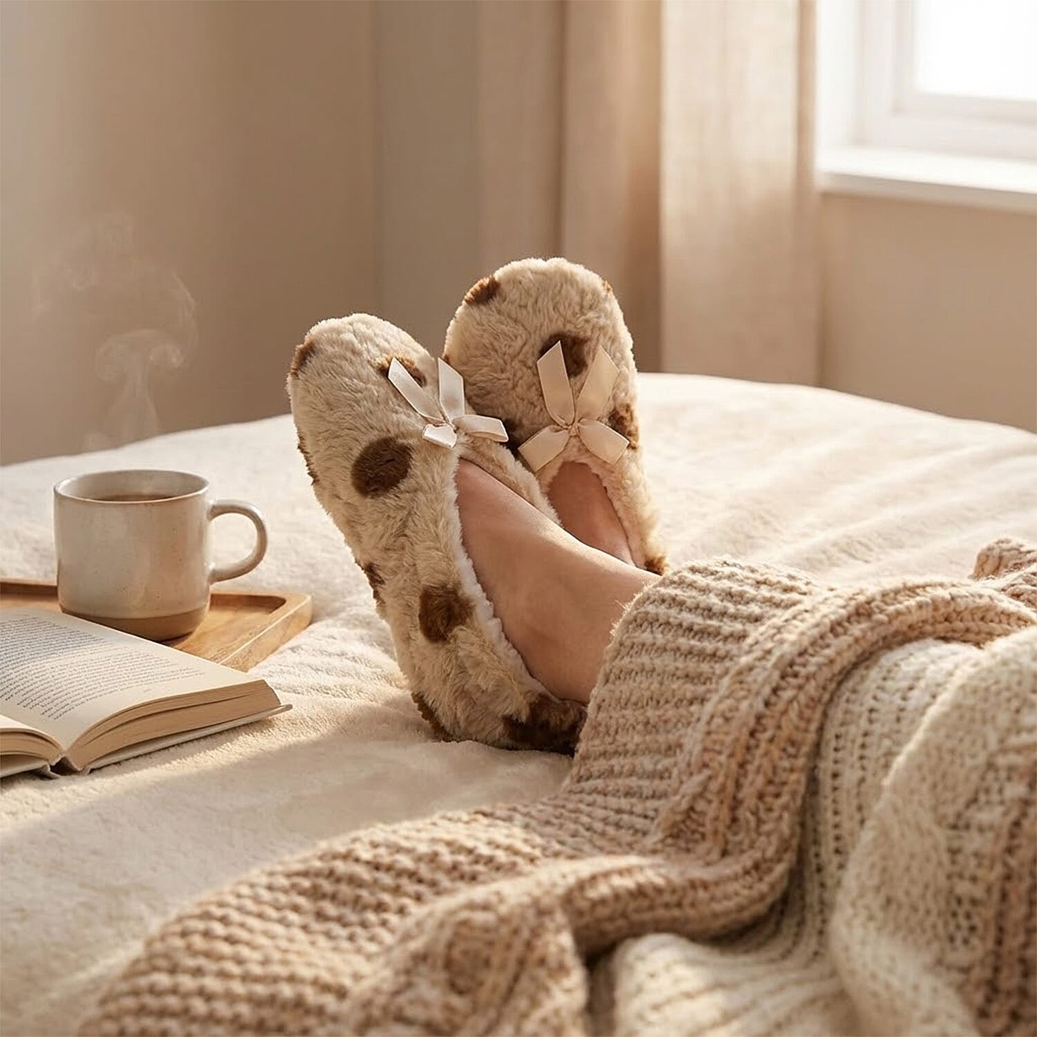 Super Soft Warm Cozy Spots Design Slipper Socks (UK 4-8) - Mocha