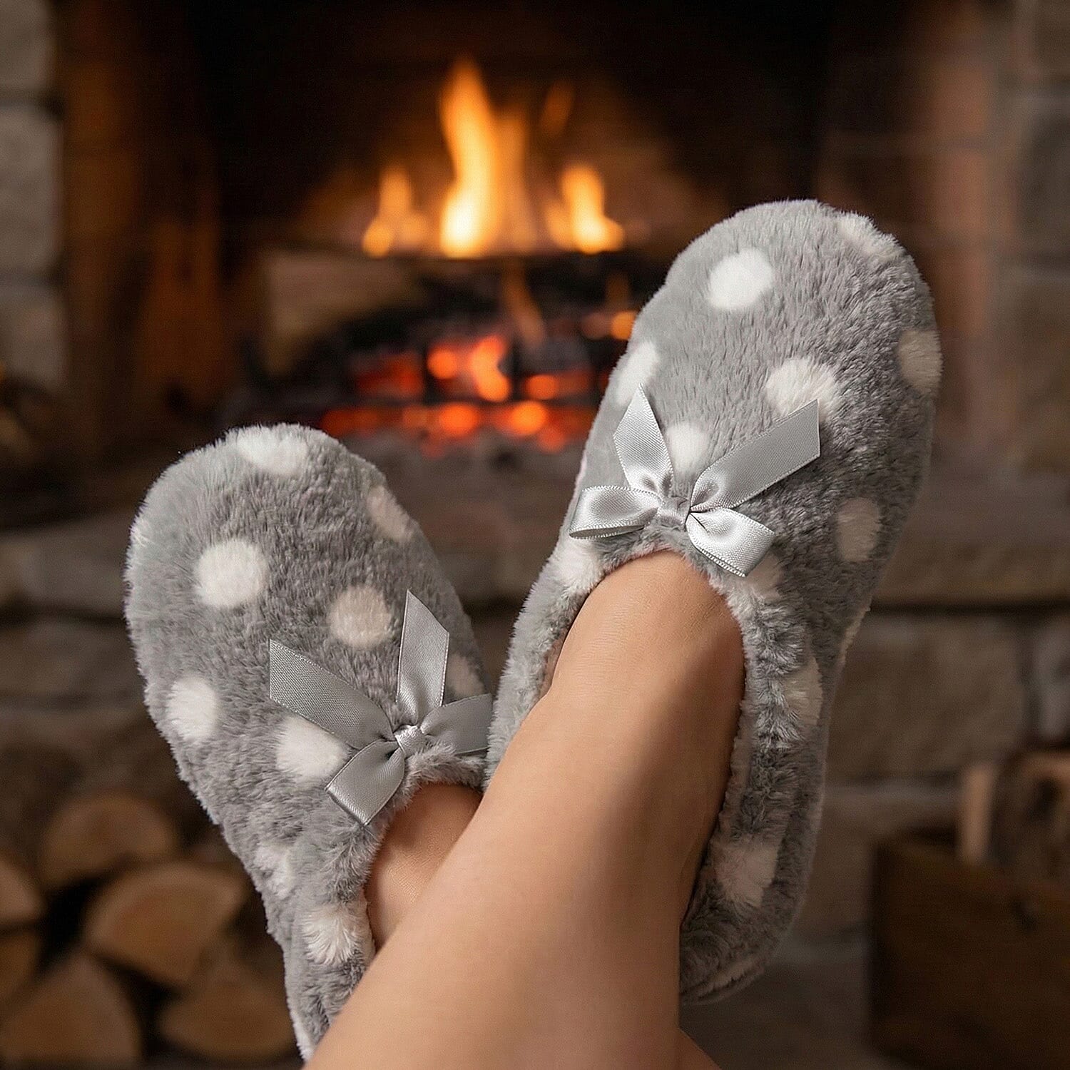Super Soft Warm Cozy Spots Design Slipper Socks (UK 4-8) - Grey