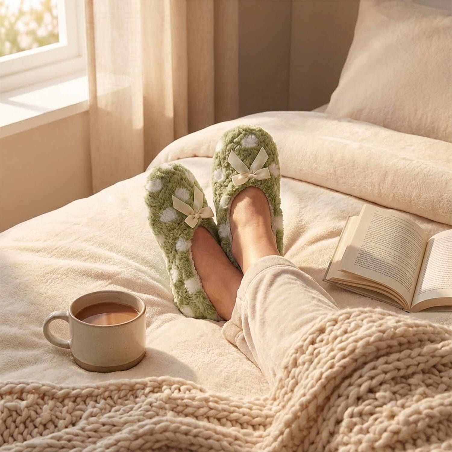 Super Soft Warm Cozy Spots Design Slipper Socks (UK 4-8) - Khaki