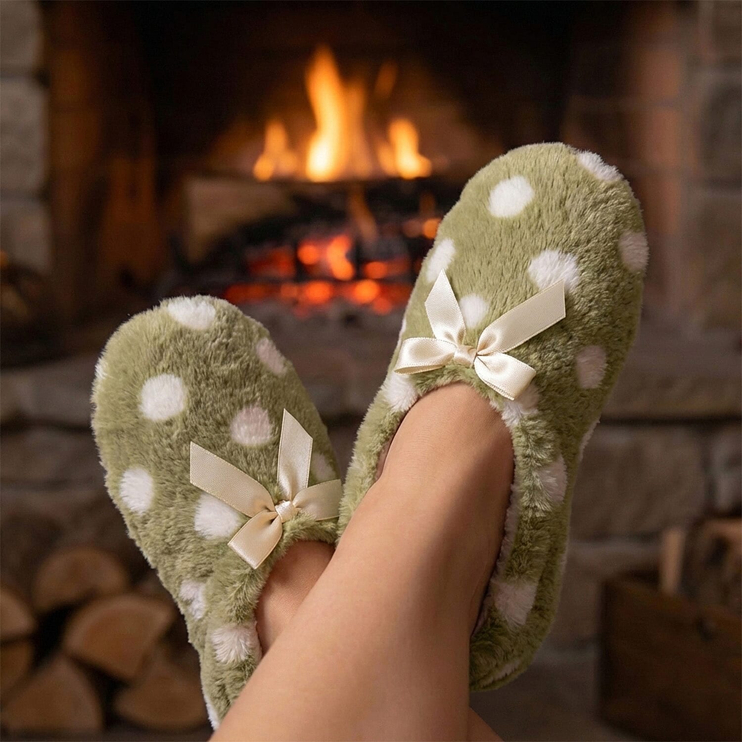 Super Soft Warm Cozy Spots Design Slipper Socks (UK 4-8) - Khaki