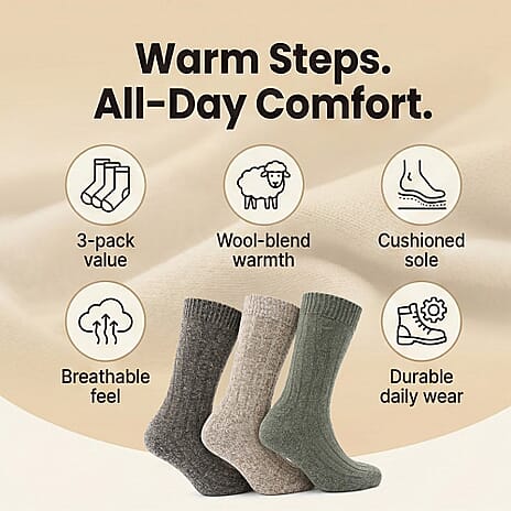 3 Pack ProHike Cushion Sole Wool Socks (UK 6-11) - Beige