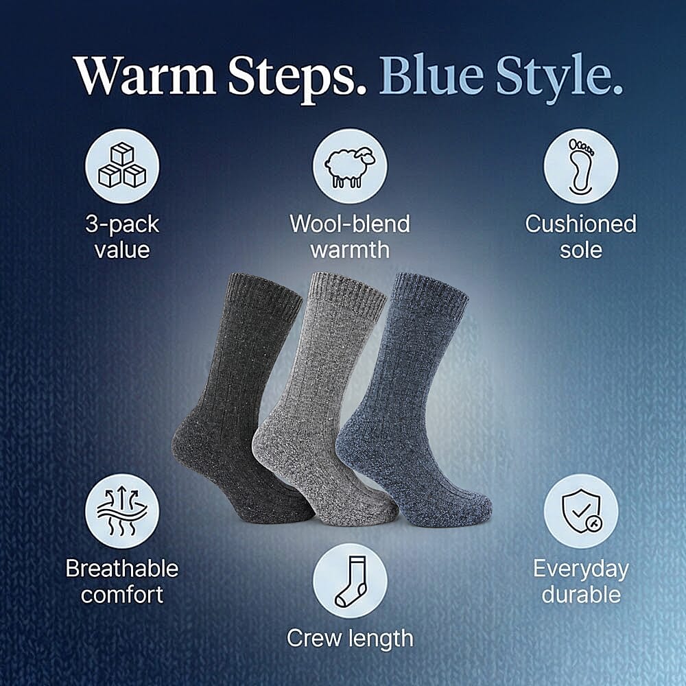 Mens 3 Pack ProHike Cushion Sole Wool Socks (UK 6-11) - Blue