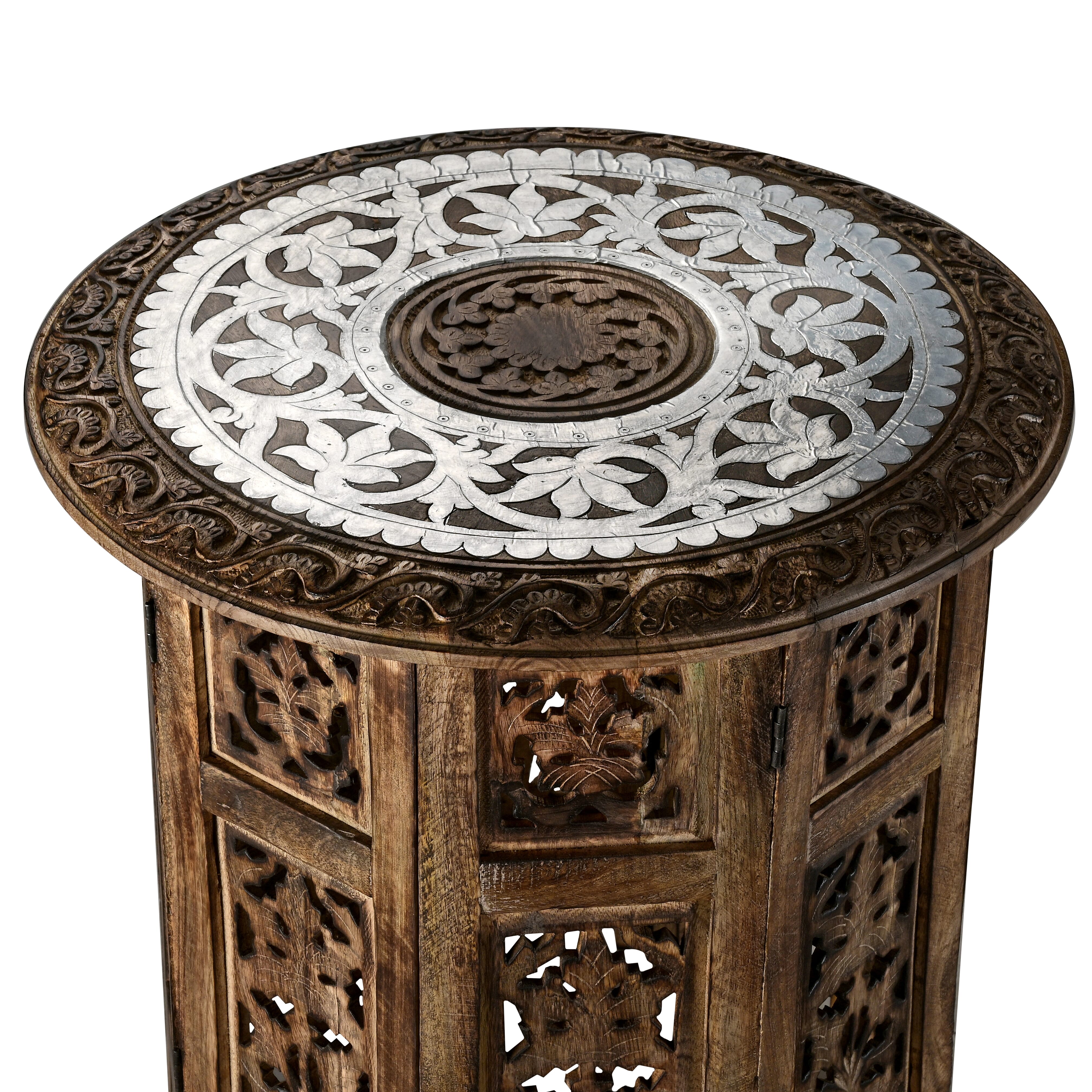 Bliss - Beyond Hand Carved Oxidized Pattern Table (45cm) - Silver - Brown