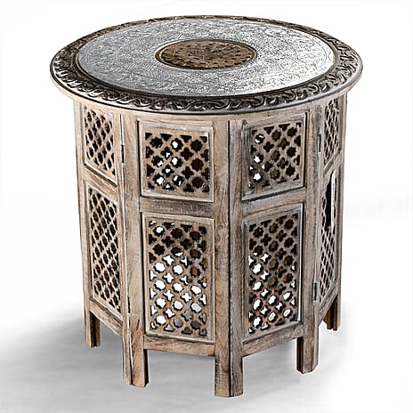 Bliss - Beyond Hand Carved Oxidized Pattern Table (53cm) - Silver - Brown