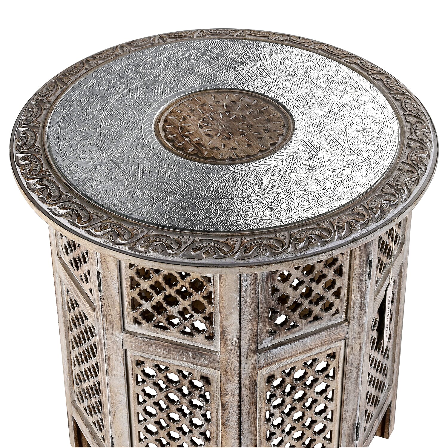 Bliss - Beyond Hand Carved Oxidized Pattern Table (53cm) - Silver - Brown