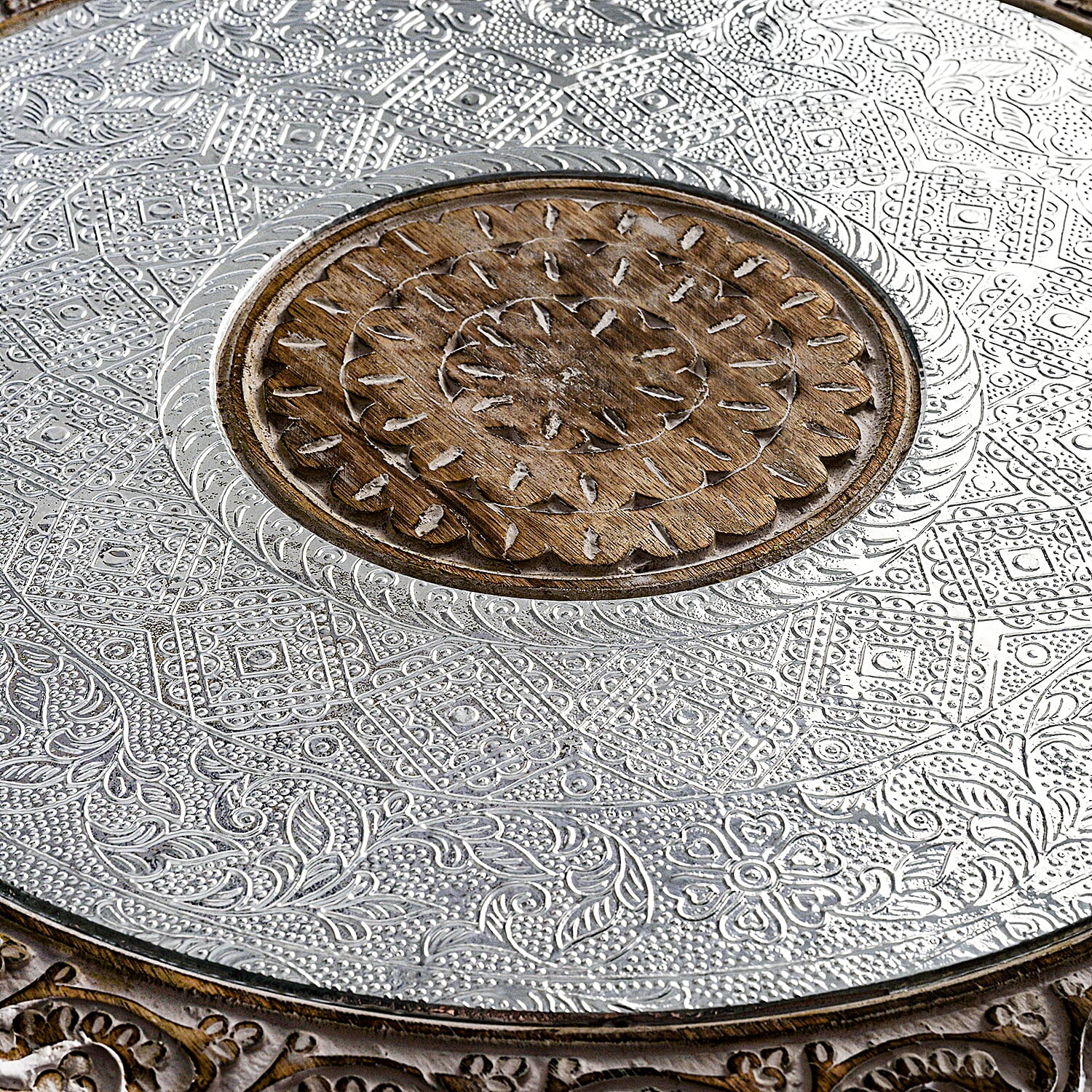 Bliss - Beyond Hand Carved Oxidized Pattern Table (53cm) - Silver - Brown