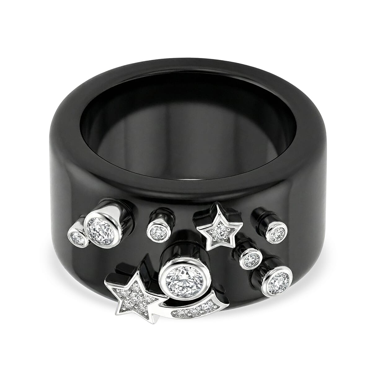 D'Joy, Dyed Black Jade , Moissanite Fancy Ring in Rhodium Overlay Sterling Silver 25.33 ct  25.330  Ct.