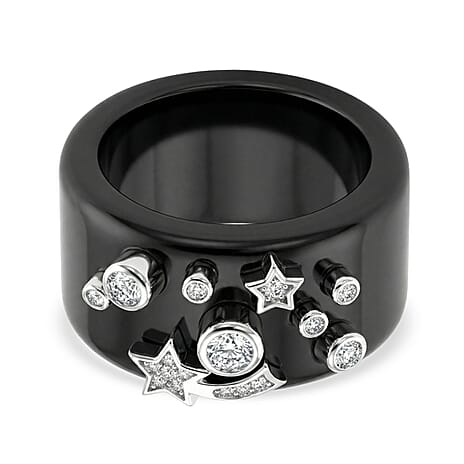 D'Joy Moissanite & Boots Black Jade Band Celestial Ring in Rhodium Overlay Sterling Silver 25.33 Ct.