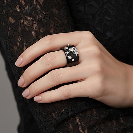 D'Joy Moissanite & Boots Black Jade Band Celestial Band Ring in Rhodium Overlay Sterling Silver 25.33 Ct.