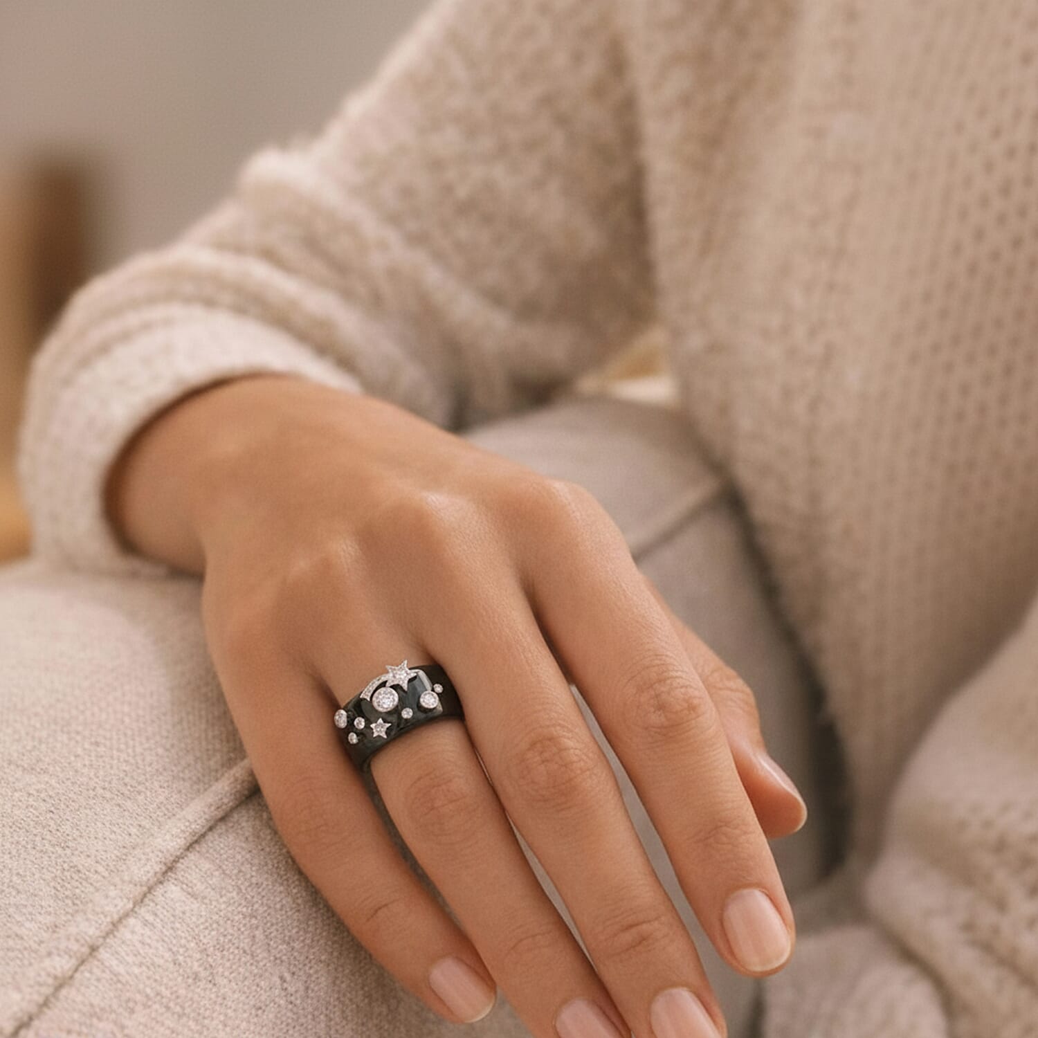 D'Joy Moissanite & Boots Black Jade Band Celestial Ring in Rhodium Overlay Sterling Silver 25.33 Ct.