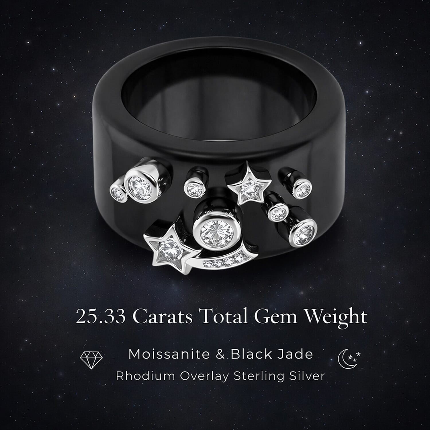 D'Joy Moissanite & Boots Black Jade Band Celestial Ring in Rhodium Overlay Sterling Silver 25.33 Ct.