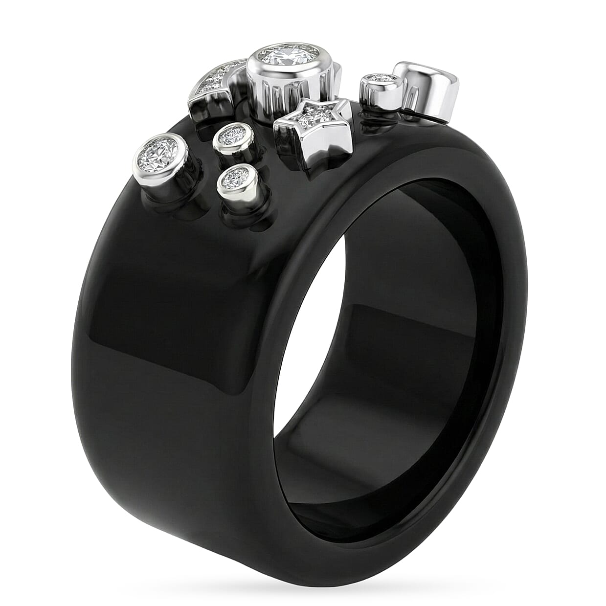 D'Joy, Dyed Black Jade , Moissanite Fancy Ring in Rhodium Overlay Sterling Silver 25.33 ct  25.330  Ct.