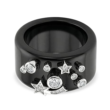 D'Joy, Dyed Black Jade , Moissanite Fancy Ring in Rhodium Overlay Sterling Silver 25.33 ct  25.330  Ct.