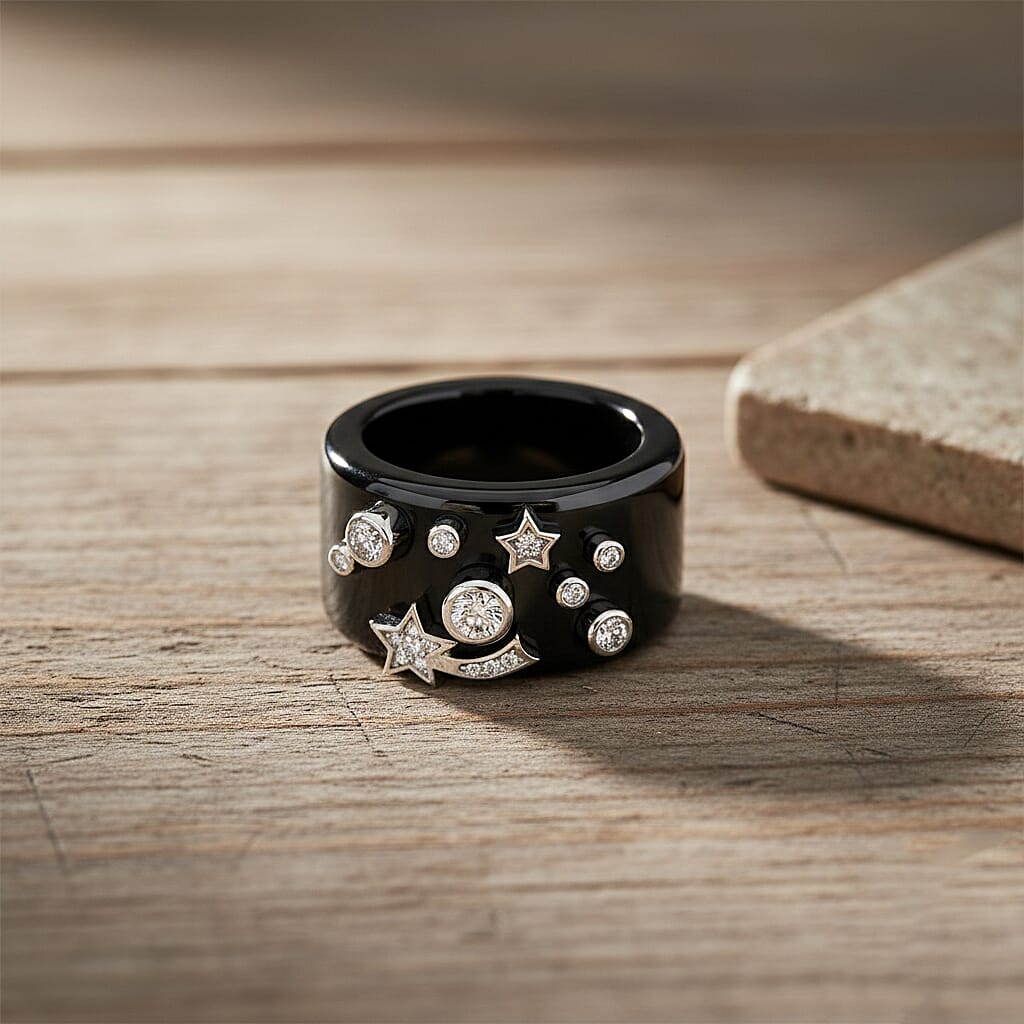 D'Joy, Dyed Black Jade , Moissanite Fancy Ring in Rhodium Overlay Sterling Silver 25.33 ct  25.330  Ct.