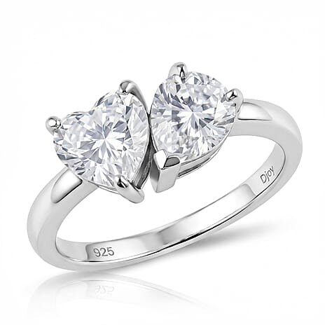 D'Joy Heart & Pear Cut Moissanite Ring in Rhodium Overlay Sterling Silver 2.40 Ct.