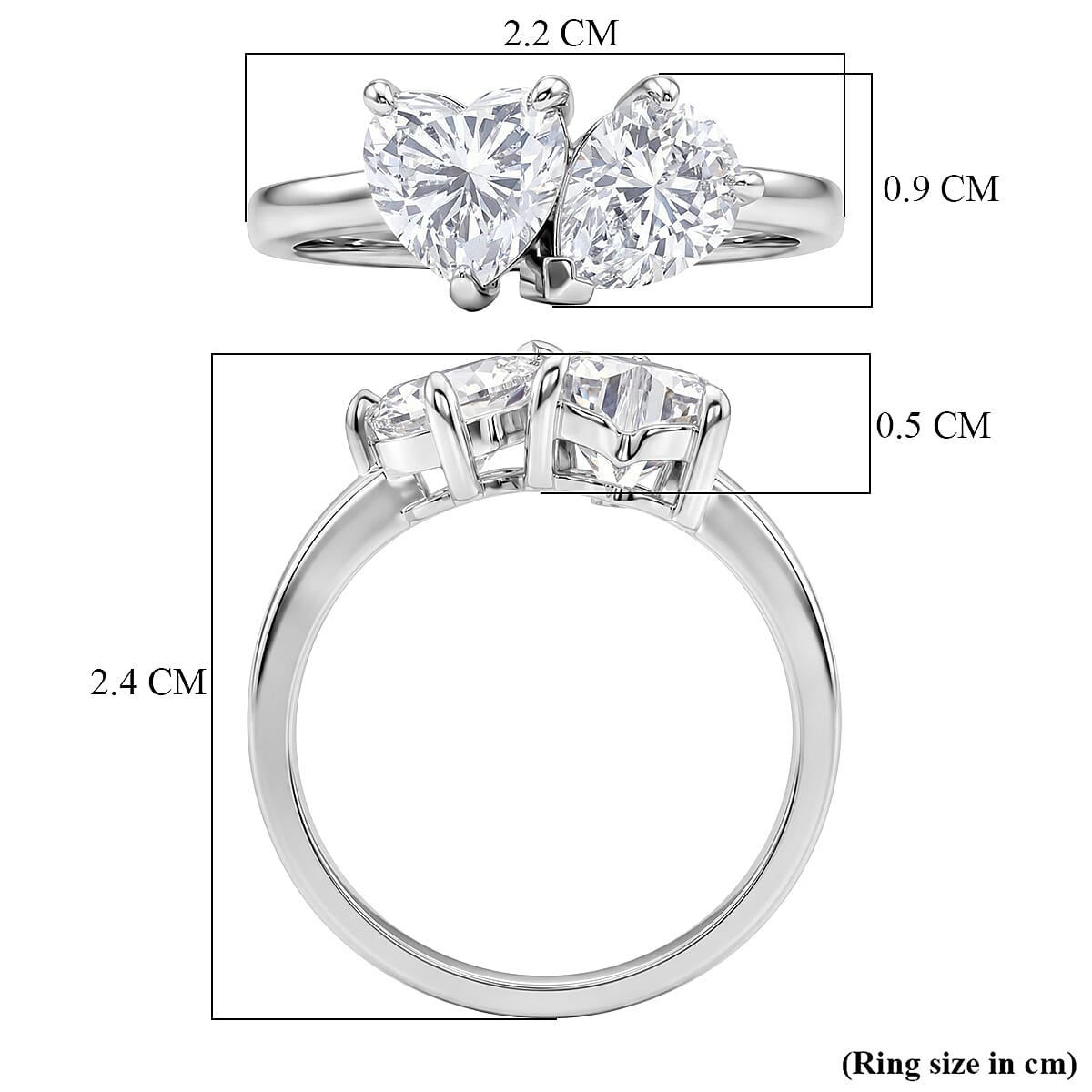D'Joy Heart & Pear Cut Moissanite Ring in Rhodium Overlay Sterling Silver 2.40 Ct.