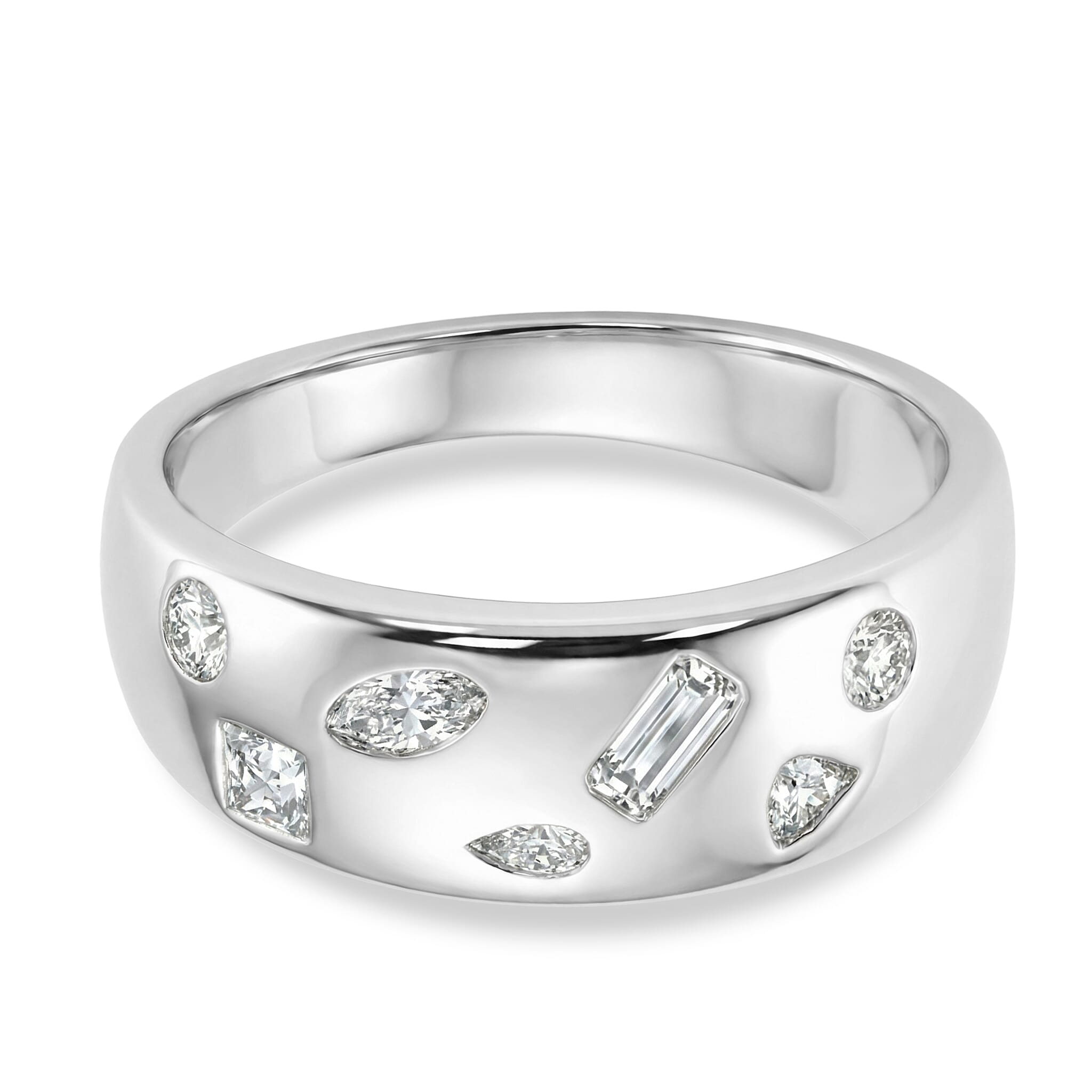 D'Joy Multi Cut Moissanite Wide Band Ring in Rhodium Overlay Sterling Silver